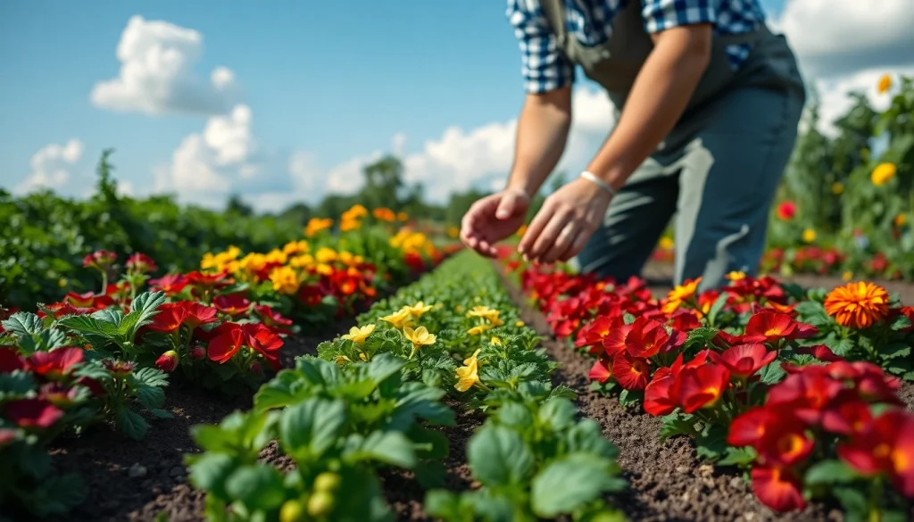 Engaged gardener caring for plants in a vibrant Gardening landscape, showcasing lush greenery and colors.