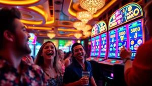 Slot Gacor yang menarik dengan mesin slot digital yang berkilauan dan pemain yang senang.