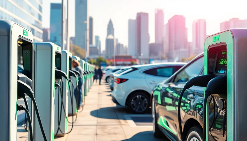 View of EV charging news highlighting a modern electric vehicle charging station in an urban environment.