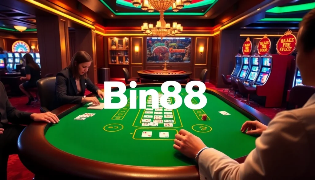 Gamblers strategizing at a Bin88 baccarat table, showcasing thrilling gameplay and high-stakes action.
