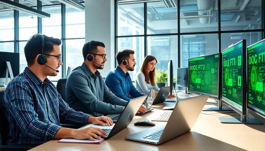 Employees providing it support service in a modern office, highlighting teamwork and technology.