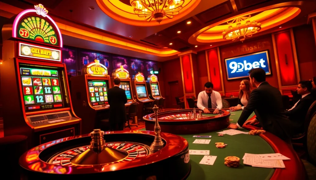 9Dbet players enjoying a thrilling casino experience at vibrant slot machines and poker tables.