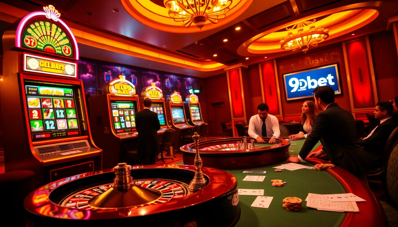 9Dbet players enjoying a thrilling casino experience at vibrant slot machines and poker tables.