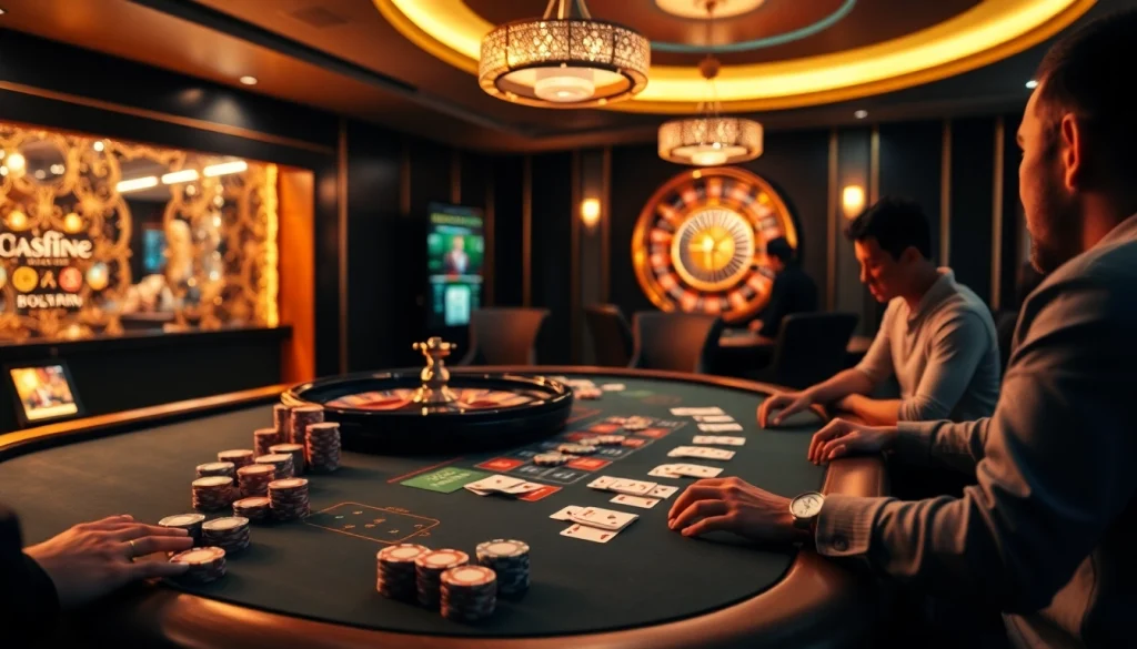 S8 casino players strategizing at a poker table filled with chips and cards.