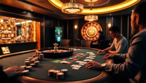 S8 casino players strategizing at a poker table filled with chips and cards.