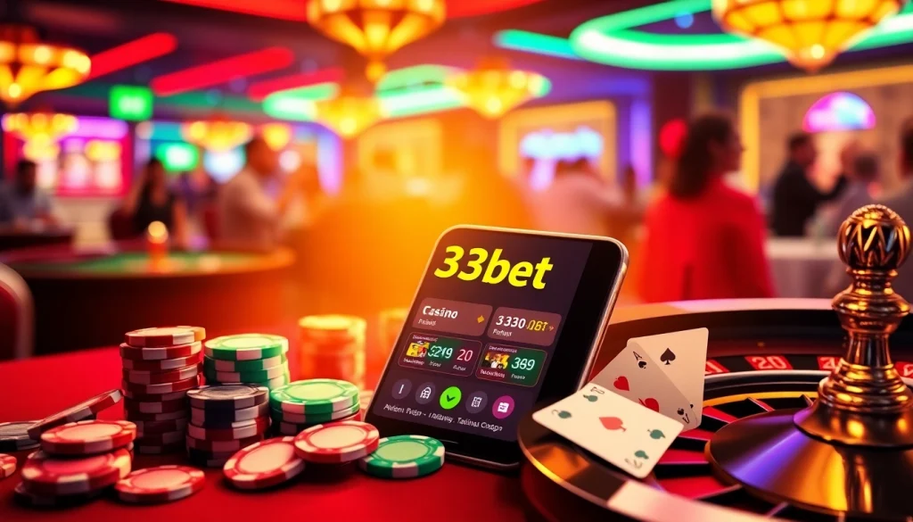 Engaging players using the 333bet App in a vibrant casino with poker chips and cards.