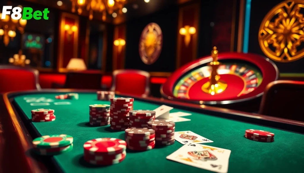 F8Bet players engaged in a thrilling poker game with vibrant chips and cards.