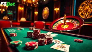 F8Bet players engaged in a thrilling poker game with vibrant chips and cards.