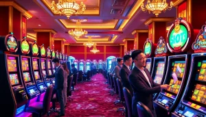 RAJABARONG playing slot machines with excitement in a vibrant casino atmosphere.