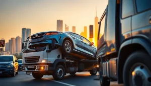 Assist with car recovery Dubai at https://trtrecoveryuae.com showcasing a professional tow truck in action.