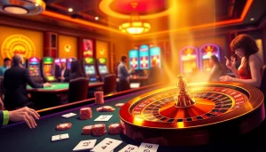 Kuwin 789 casino scene with vibrant slot machines and luxurious gambling tables featuring excited players.