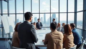 Engaging business collaboration in a modern office environment, showcasing teamwork.