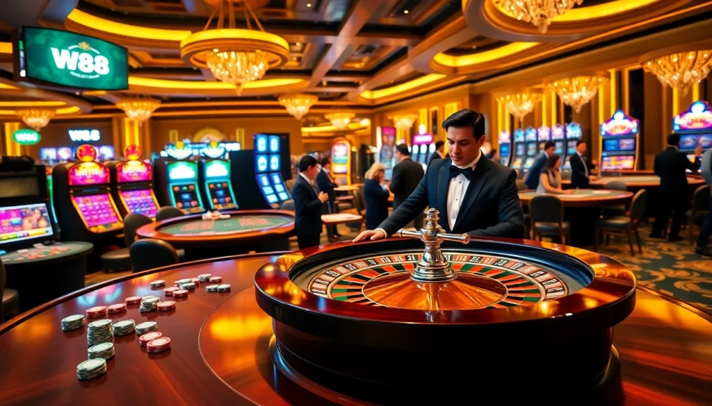 W88 players engaging with casino games, showcasing excitement in a luxurious gambling environment.