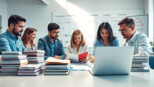 Équipe de traduction dynamique travaillant sur des documents traduisant pour translatecompany.fr.