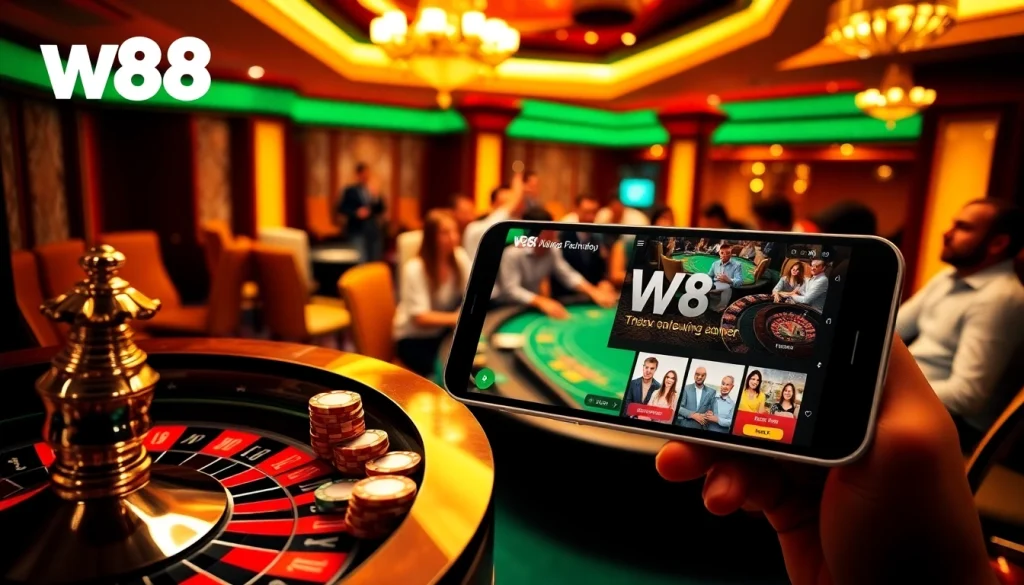 Cuộc chơi đầy hồi hộp tại casino W88 với những chip poker rực rỡ và bàn roulette.