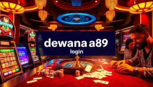 Antarmuka login Dewanaga89 digambarkan dengan mesin slot yang penuh warna dan pemain yang terlibat di kasino mewah.