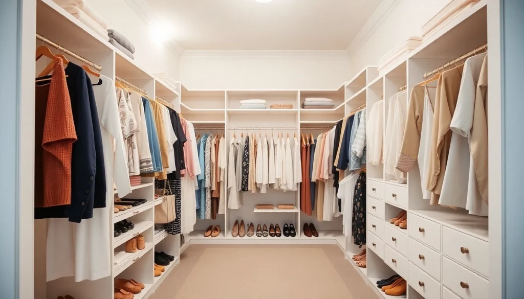 Closets showcasing a beautifully organized walk-in space featuring elegant storage solutions and bright lighting.