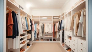 Closets showcasing a beautifully organized walk-in space featuring elegant storage solutions and bright lighting.