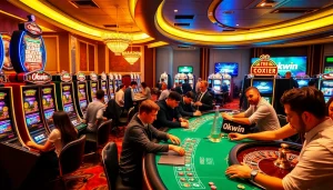 Experience Okwin excitement with vibrant slot machines and thrilling players in a luxurious casino setting.