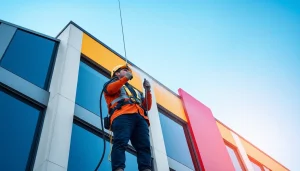 Facade cleaning in action, showcasing professional techniques for čiščenje fasad on a large commercial building.