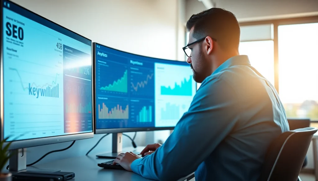 Improve your SEO strategy with a professional analyzing data in a bright office.