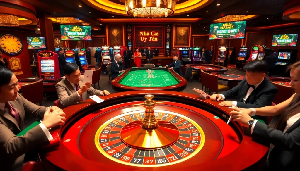 Experience the thrill at a luxurious casino featuring Nhà Cái Uy Tín with roulette and poker action.