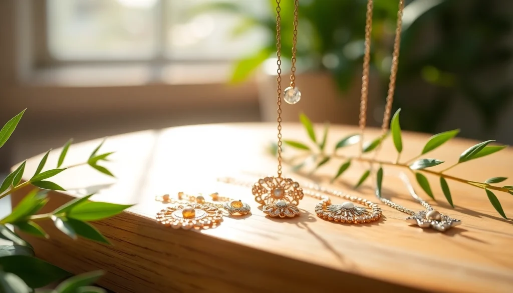 Showcase unique jewelry from https://valenciakey.es against elegant greenery.