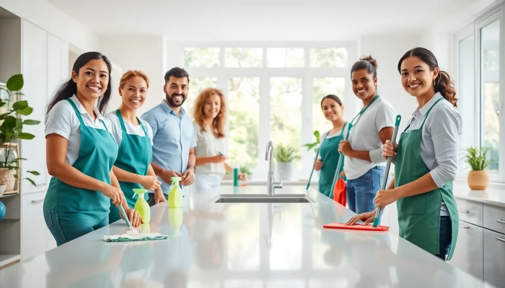 Cleaning service team maintaining a spotless kitchen environment with eco-friendly products, showcasing professionalism and teamwork.