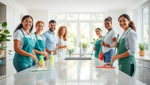 Cleaning service team maintaining a spotless kitchen environment with eco-friendly products, showcasing professionalism and teamwork.
