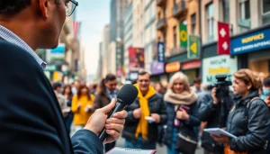 Пориньте у світ актуальних новин на https://sumytoday.in.ua, де журналіст бере інтерв'ю в жвавій міській обстановці.