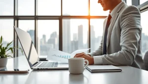 Business professional analyzing data in a modern office setting.