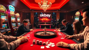Exciting poker game scene featuring players and casino elements, showcasing the thrill of okbay gambling.