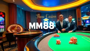 Engaging scene of MM88 online casino with poker table, roulette wheel, and slot machines.