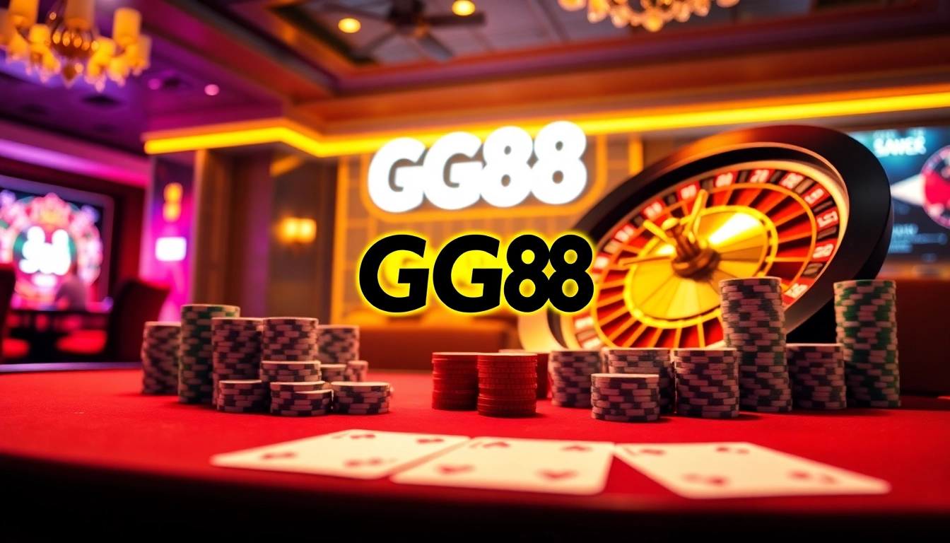 Experience the thrill of GG88 with dynamic casino visuals showcasing roulette and poker.
