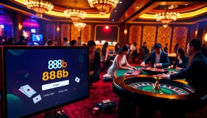 Experience the thrills of đăng nhập 888b with vibrant casino visuals featuring players at tables and interactive screens.