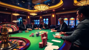 Terlibat dalam perjudian yang seru di meja kasino obral toto dengan chip berwarna-warni dan rolet yang sedang dimainkan.