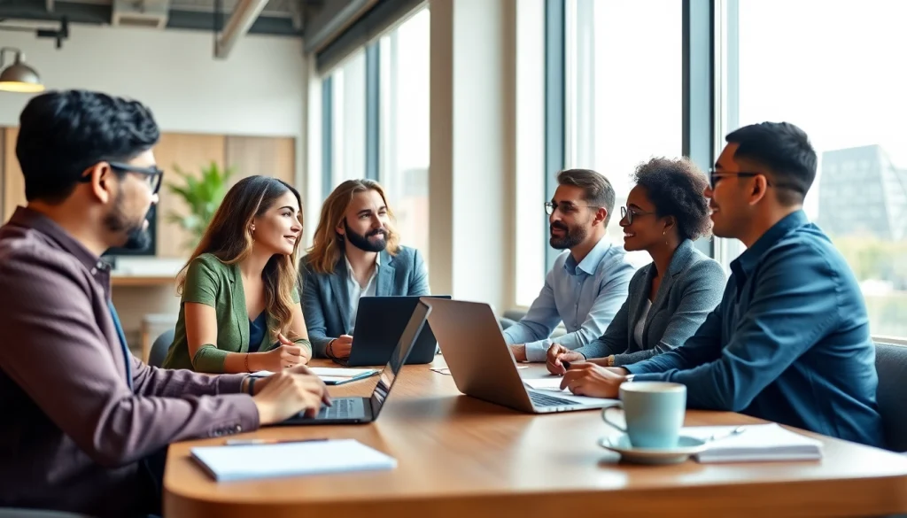 Engaging business meeting with diverse professionals in a bright coworking space.