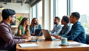 Engaging business meeting with diverse professionals in a bright coworking space.