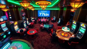 Engaged players experience thrilling games at 79kin casino, highlighted by vibrant tables and slot machines.