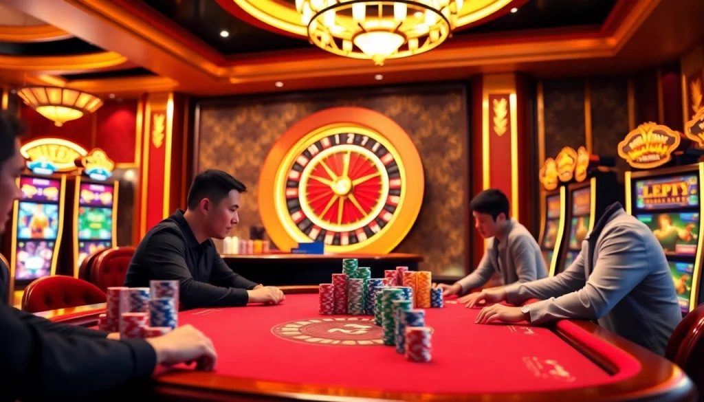 Experience thrilling gaming at https://mm88.bar/ with luxurious casino visuals featuring poker tables and roulette wheels.