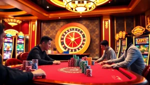 Experience thrilling gaming at https://mm88.bar/ with luxurious casino visuals featuring poker tables and roulette wheels.
