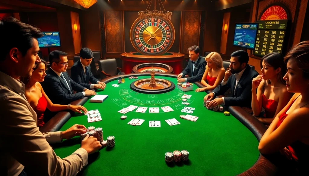 Leci123 showcases players strategizing at a blackjack table in a lively casino, embracing the thrill of the game.