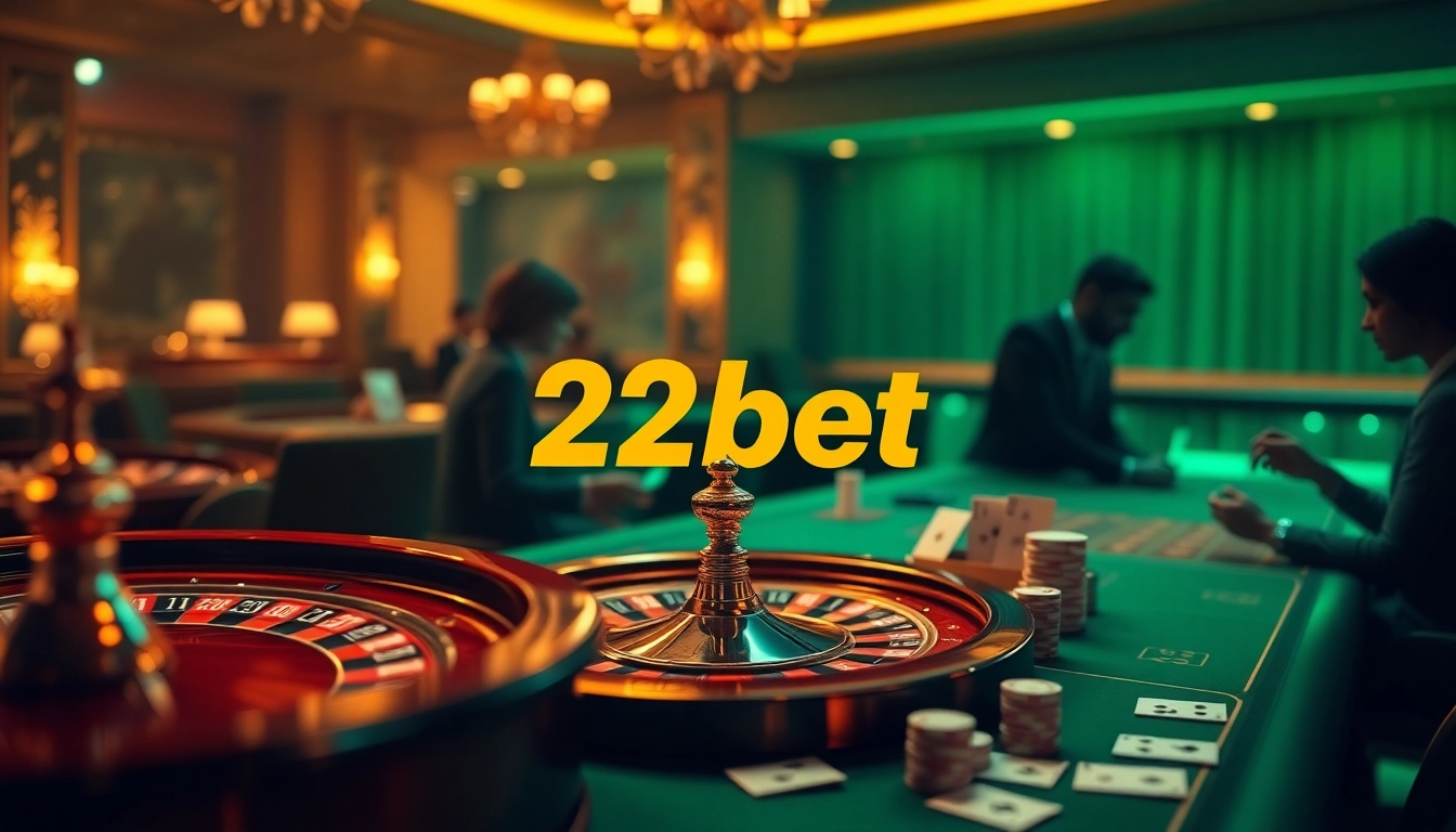 Experience the excitement of betting on 22bet with poker chips and a roulette wheel in a luxurious casino setting.
