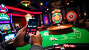 Experience the excitement of the Superbet App with vibrant casino elements like roulette wheels and slot machines.