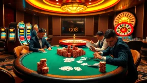 GO8 players enjoying a high-stakes poker game with vibrant casino elements and luxurious atmosphere.
