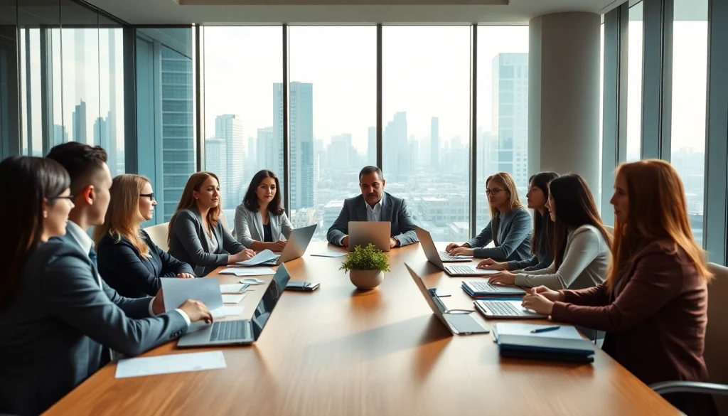 Business professionals collaborating in a bright office space, engaging in strategic discussions.