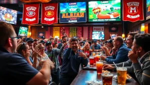 Engaging scene of sports betting in Alabama showcasing enthusiastic fans placing bets in a lively sports bar.