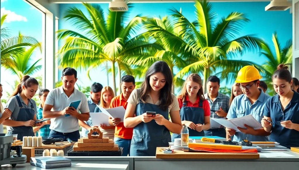 Students learning trade skills at trade schools in Hawaii amidst a vibrant and tropical setting.