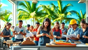 Students learning trade skills at trade schools in Hawaii amidst a vibrant and tropical setting.