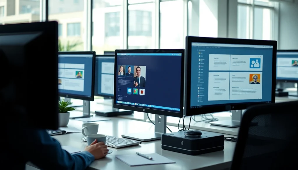 Modern office workspace with computers showcasing wps下载 features and productivity tools.